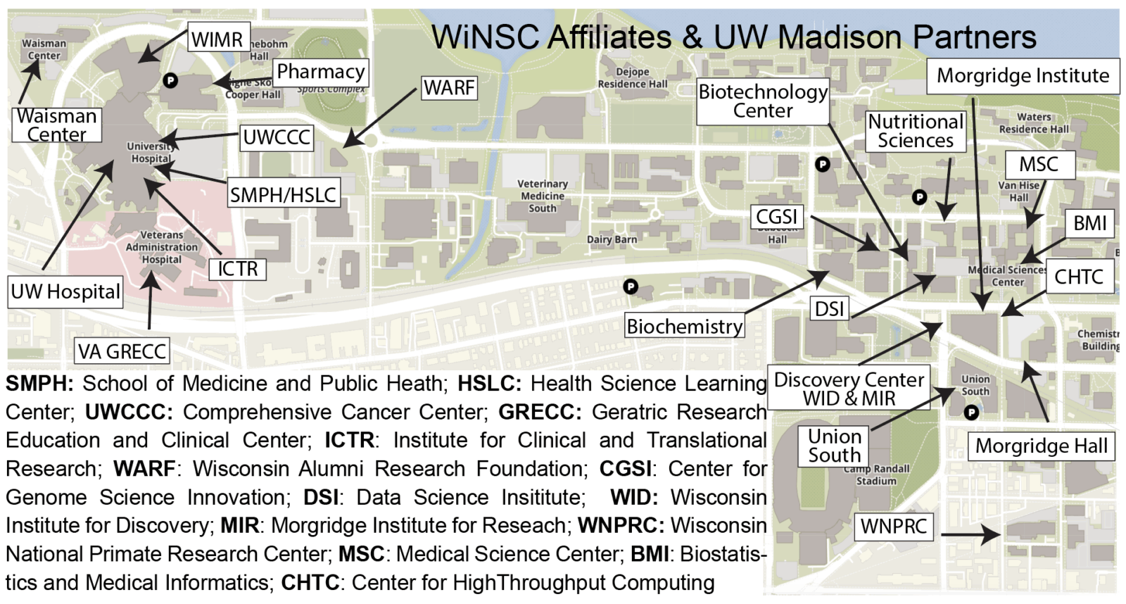 A map showing the affiliates of the WiNSC and their respective locations on the UW Campus.